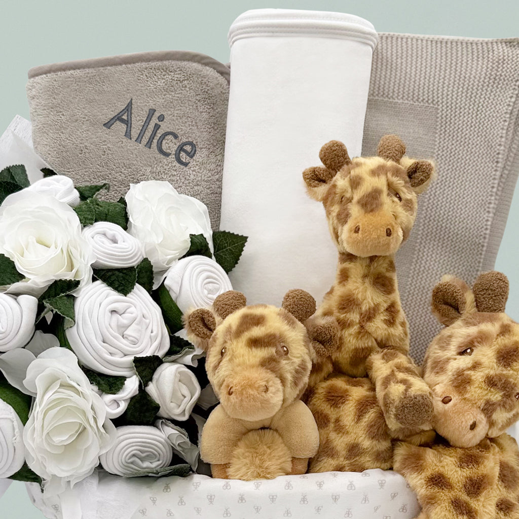 Personalised Three Little Giraffes Luxury New Baby Gift Basket, Neutral