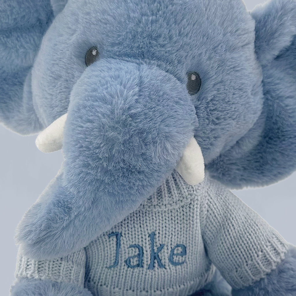 Personalised Esme Elephant Soft Toy With Snuggle Wrap, Blue
