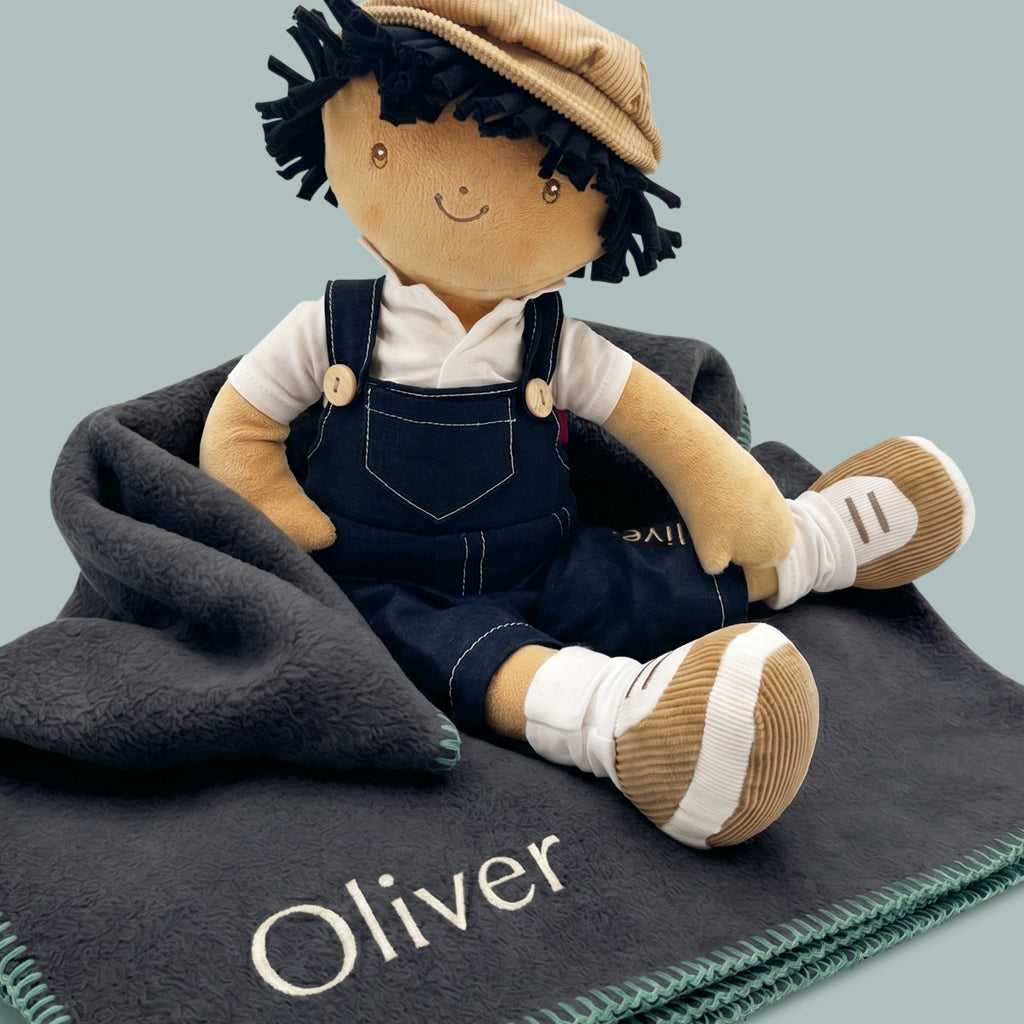 Personalised Baby Boy Rag Doll and Navy Fleece Blanket