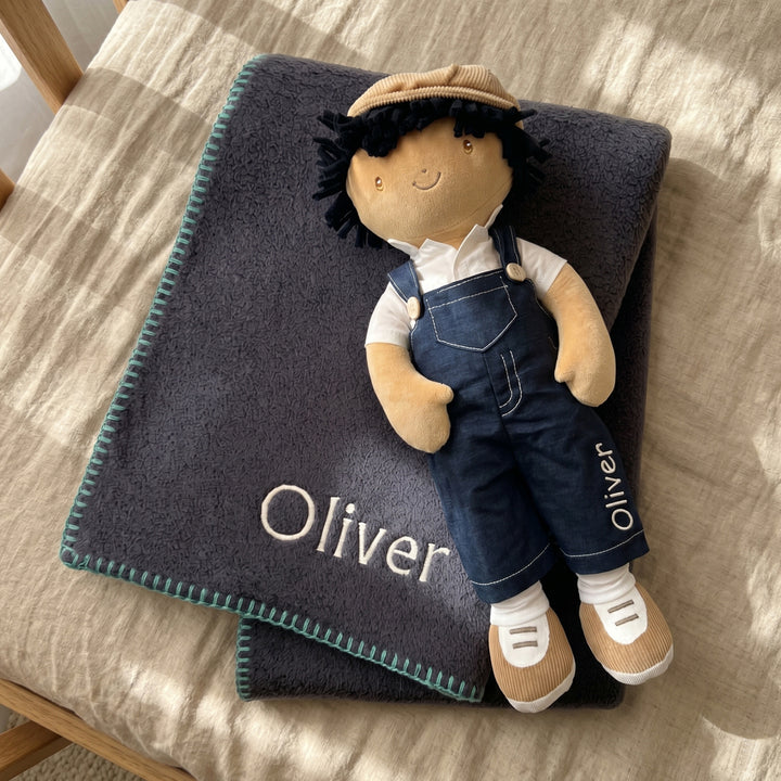 Personalised Baby Boy Rag Doll and Navy Fleece Blanket