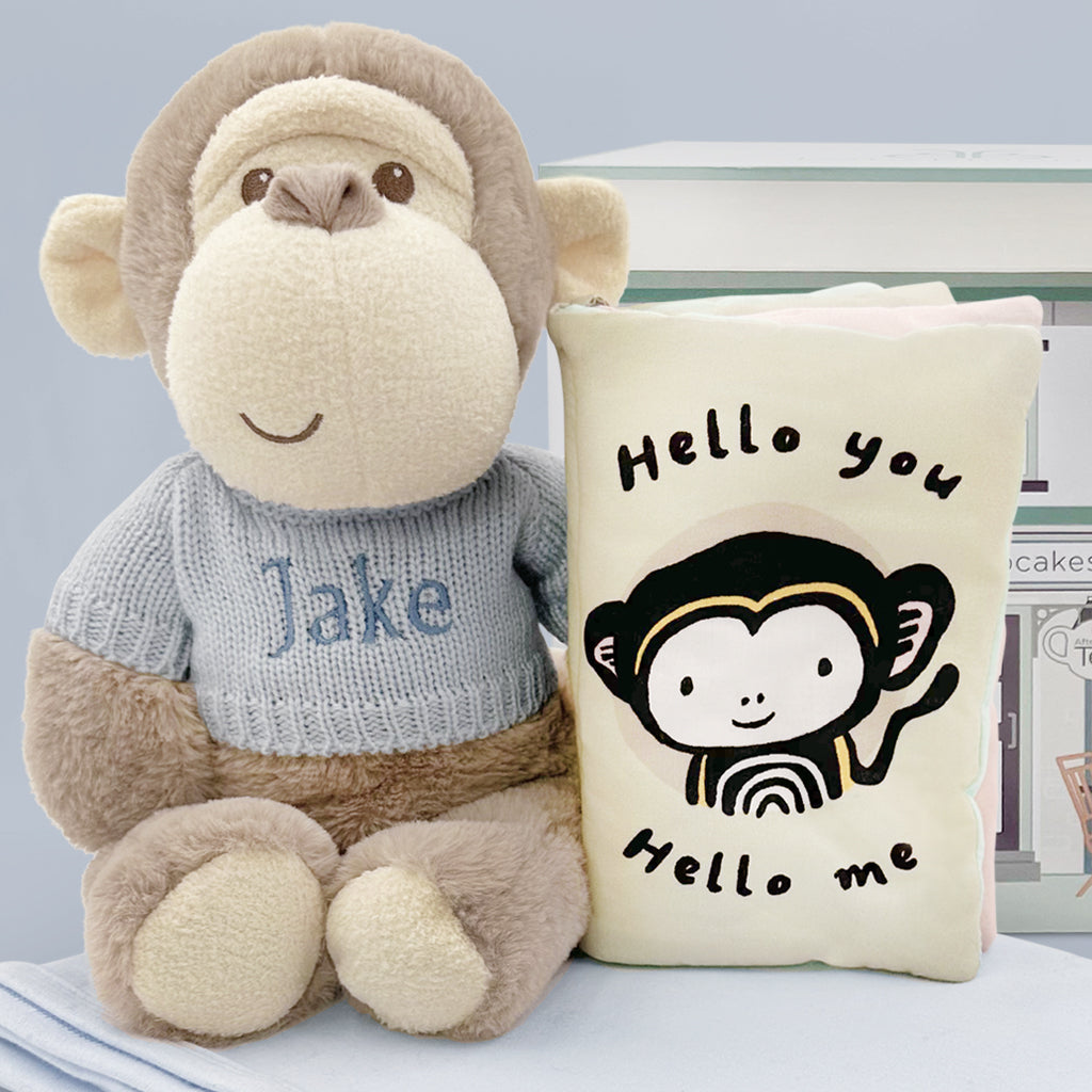 Personalised Morris Monkey Soft Toy With Snuggle Wrap and Book, Blue