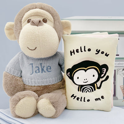 Personalised Morris Monkey Soft Toy With Snuggle Wrap and Book, Blue