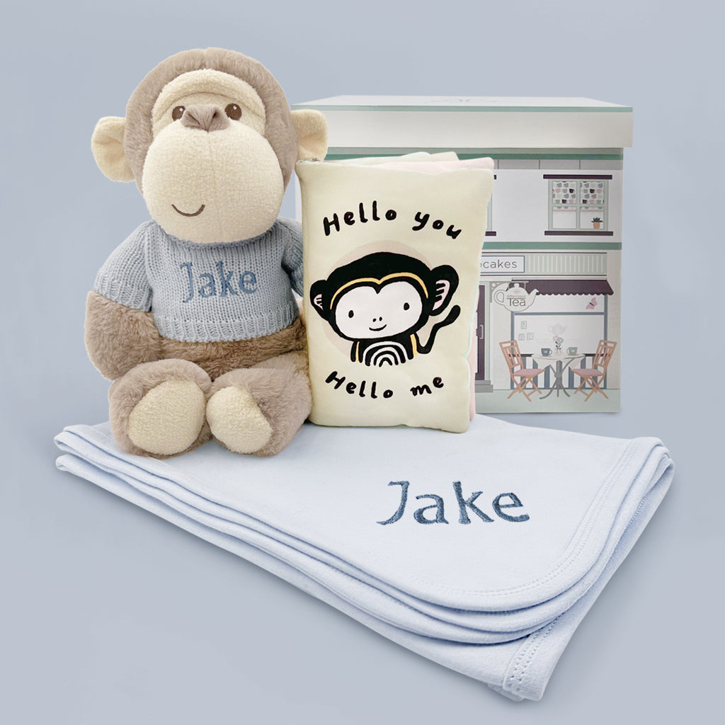 First Birthday Gift Personalised Monkey Soft Toy With Snuggle Wrap And Book