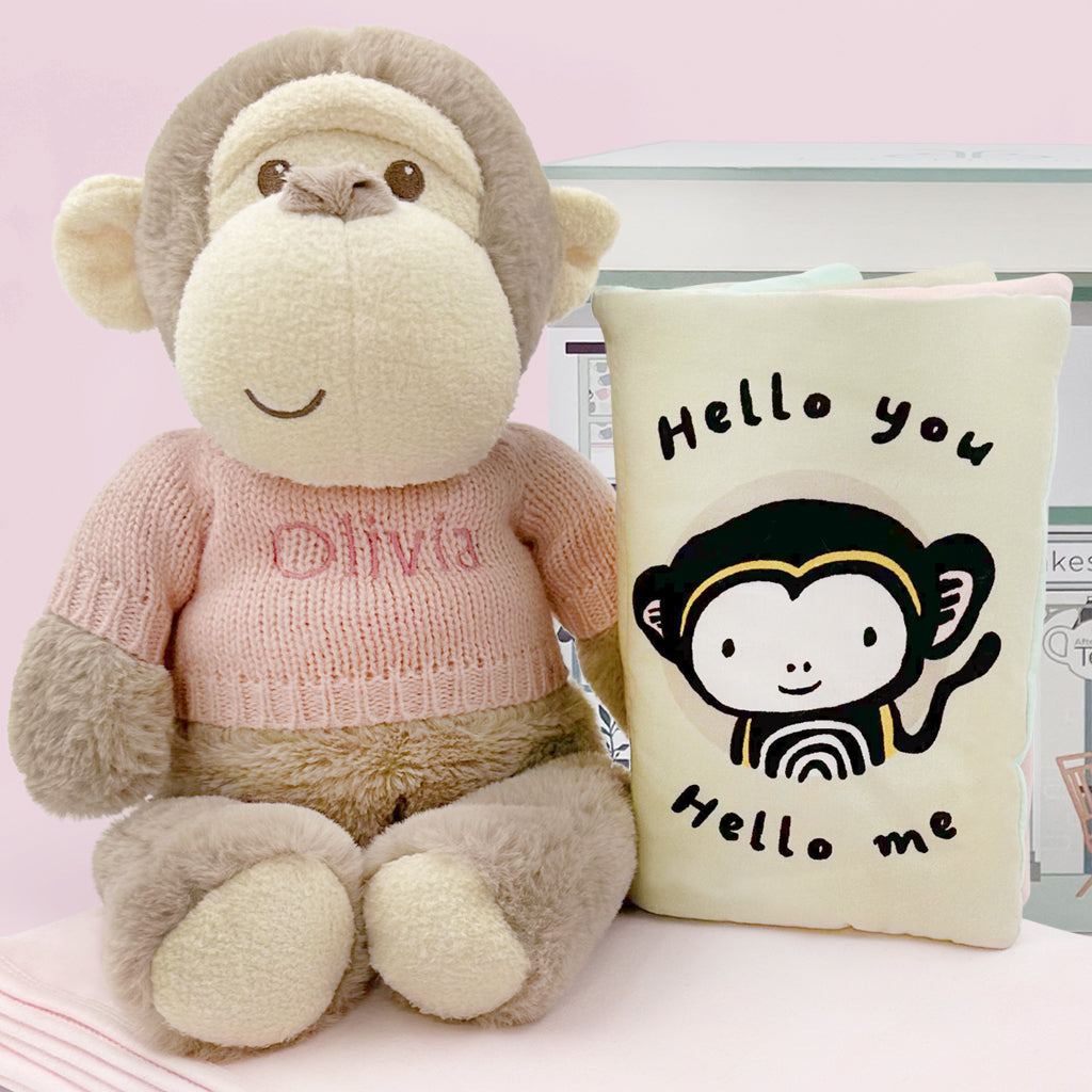 Personalised Morris Monkey Soft Toy With Snuggle Wrap and Book, Pink