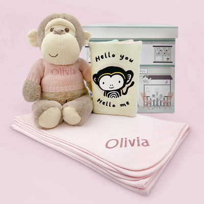 Personalised Morris Monkey Soft Toy With Snuggle Wrap and Book, Pink