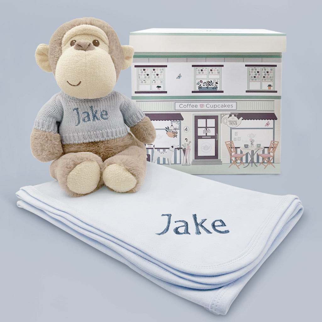 First Birthday Gift Personalised Monkey Soft Toy With Blue Snuggle Wrap 