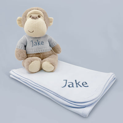 Personalised Morris Monkey Soft Toy With Snuggle Wrap, Blue