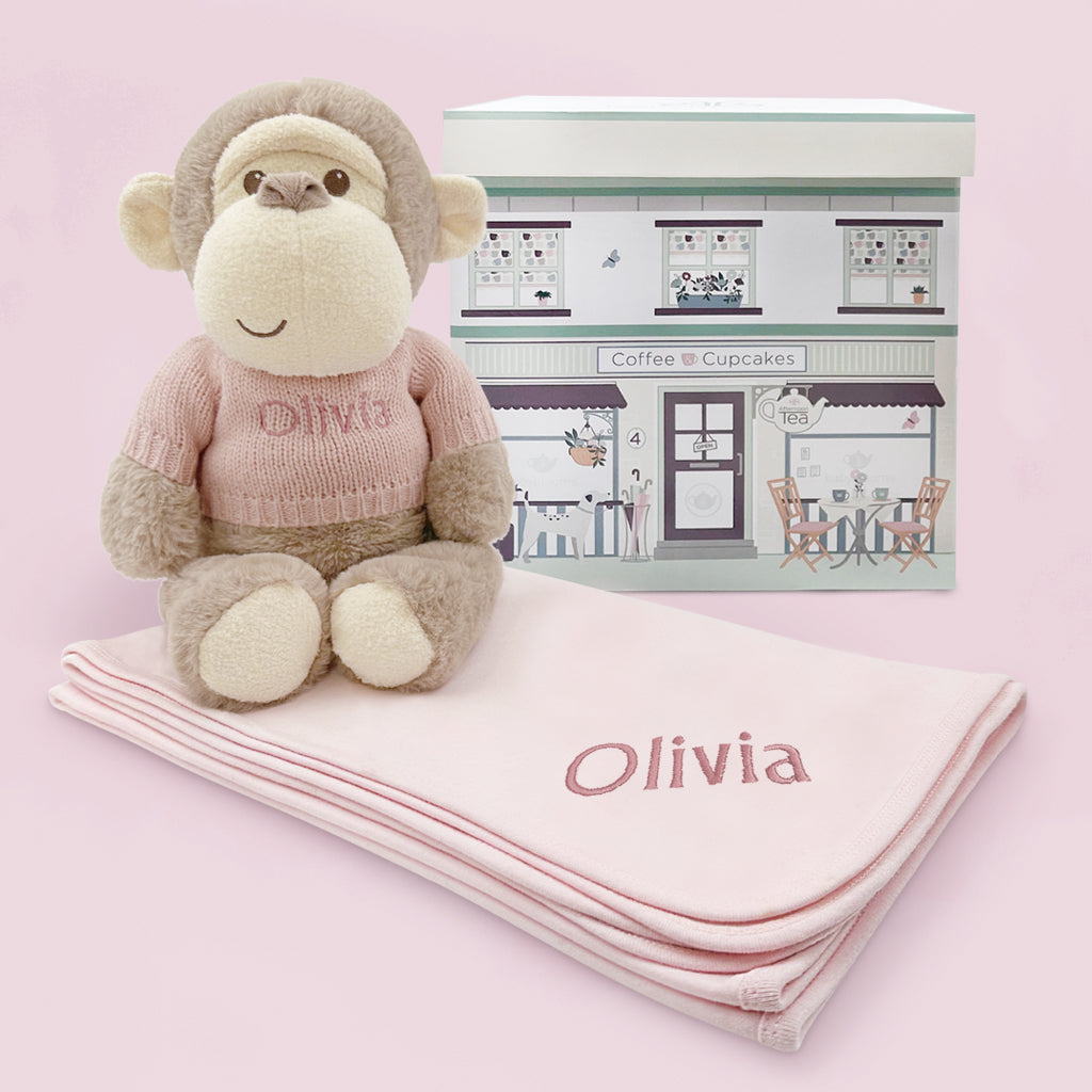First Birthday Gift Personalised Monkey Soft Toy With Pink Snuggle Wrap