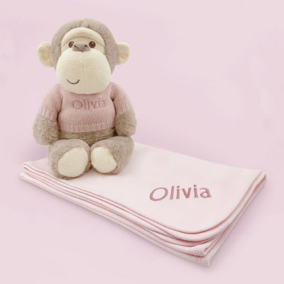 Personalised Morris Monkey Soft Toy With Snuggle Wrap, Pink