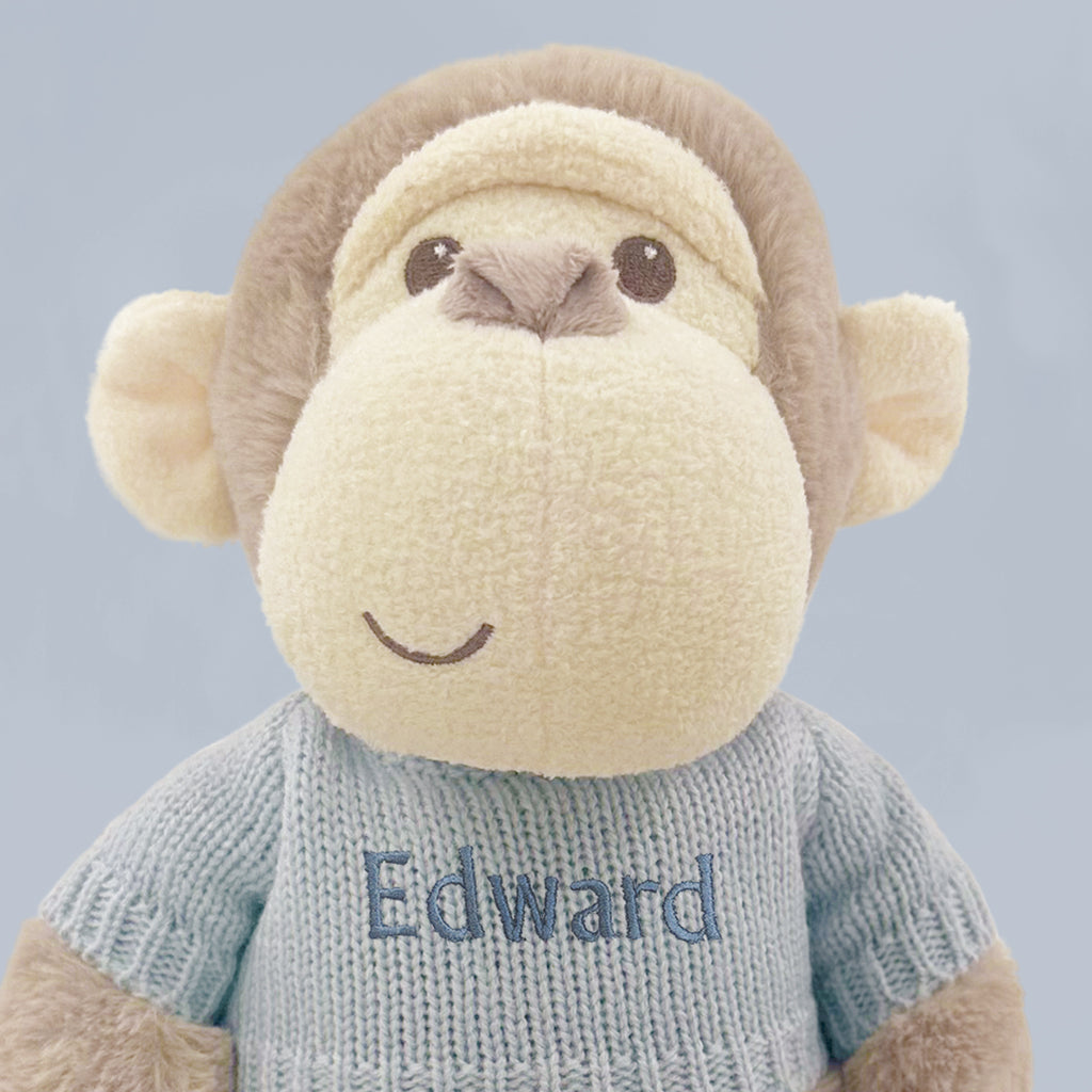 Personalised Morris Monkey Soft Toy With Snuggle Wrap and Book, Blue