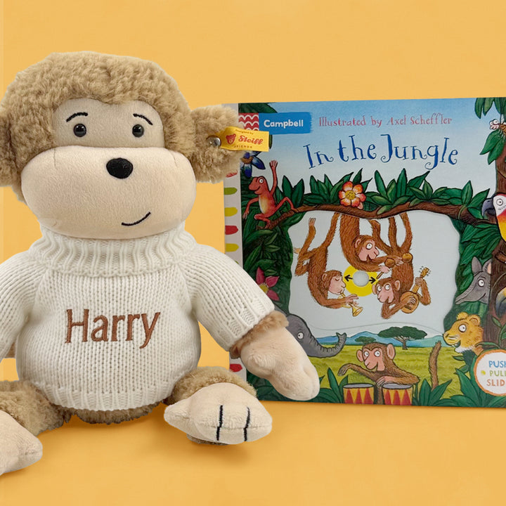 Personalised Steiff Brownie Monkey Soft Toy and In The Jungle Board Book