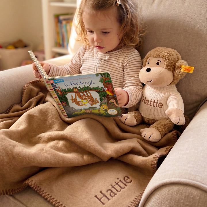 Personalised Steiff Brownie Monkey and Fleece Blanket with In The Jungle Board Book