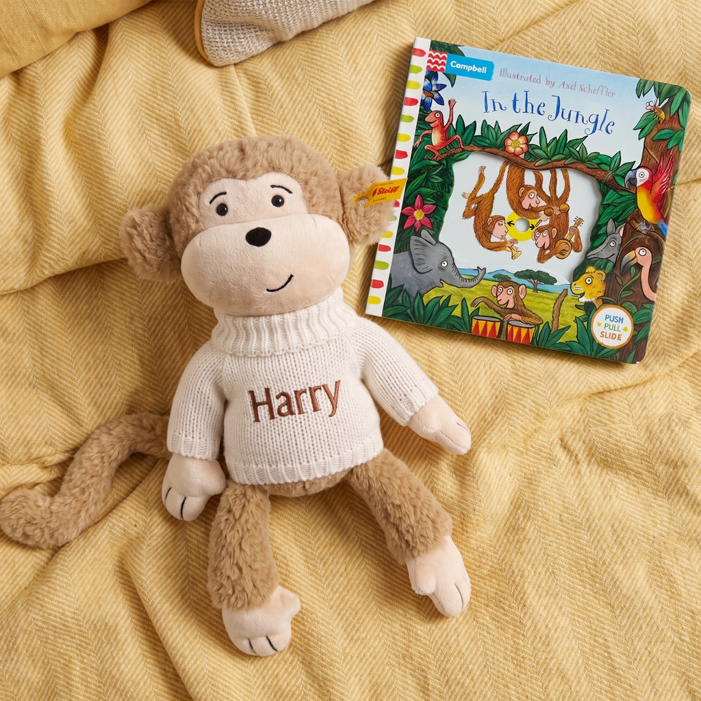 Personalised Steiff Brownie Monkey Soft Toy and In The Jungle Board Book