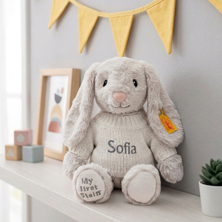 Personalised My First Steiff Hoppie Rabbit, Grey