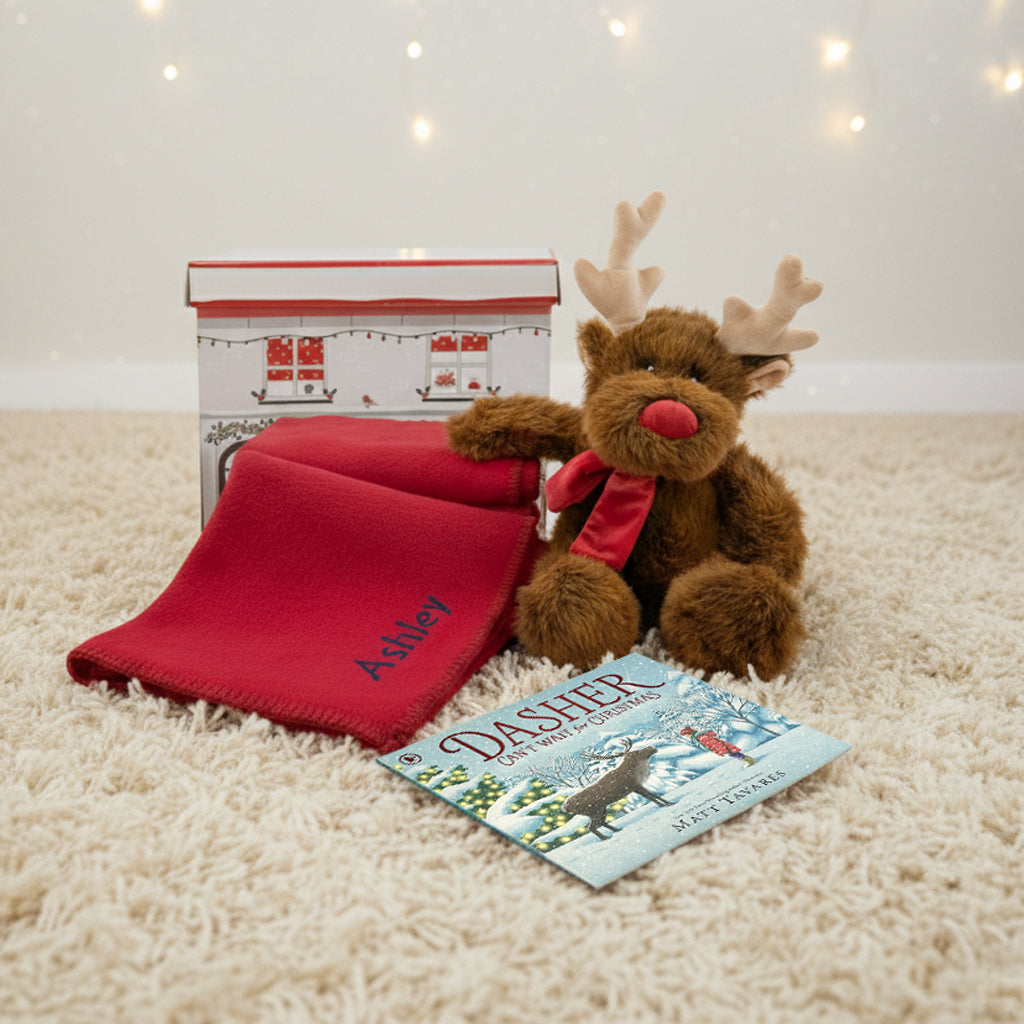 Reindeer Soft Toy with Book and Personalised Fleece Blanket Gift Set