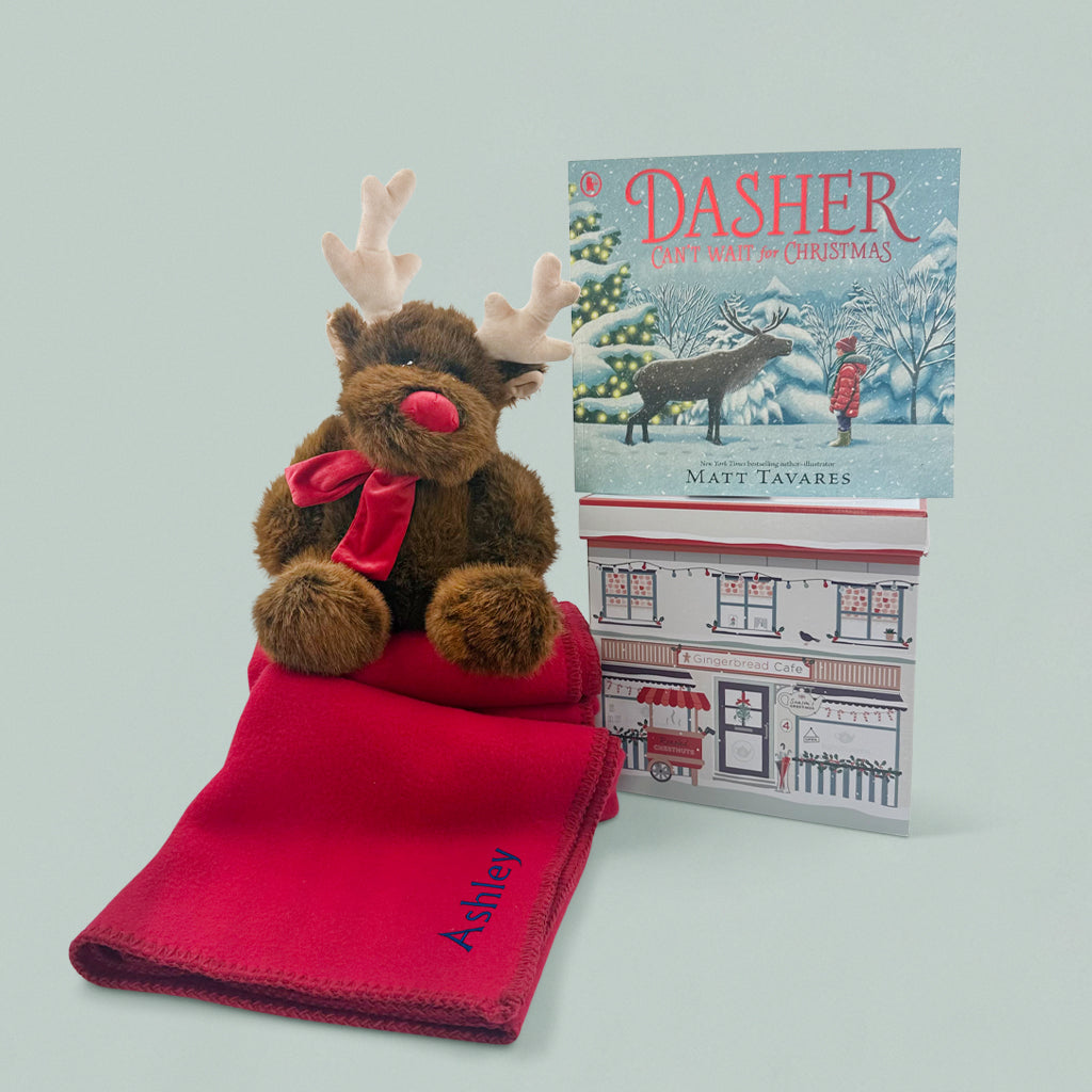 Reindeer Soft Toy with Book and Personalised Fleece Blanket Christmas Gift Set