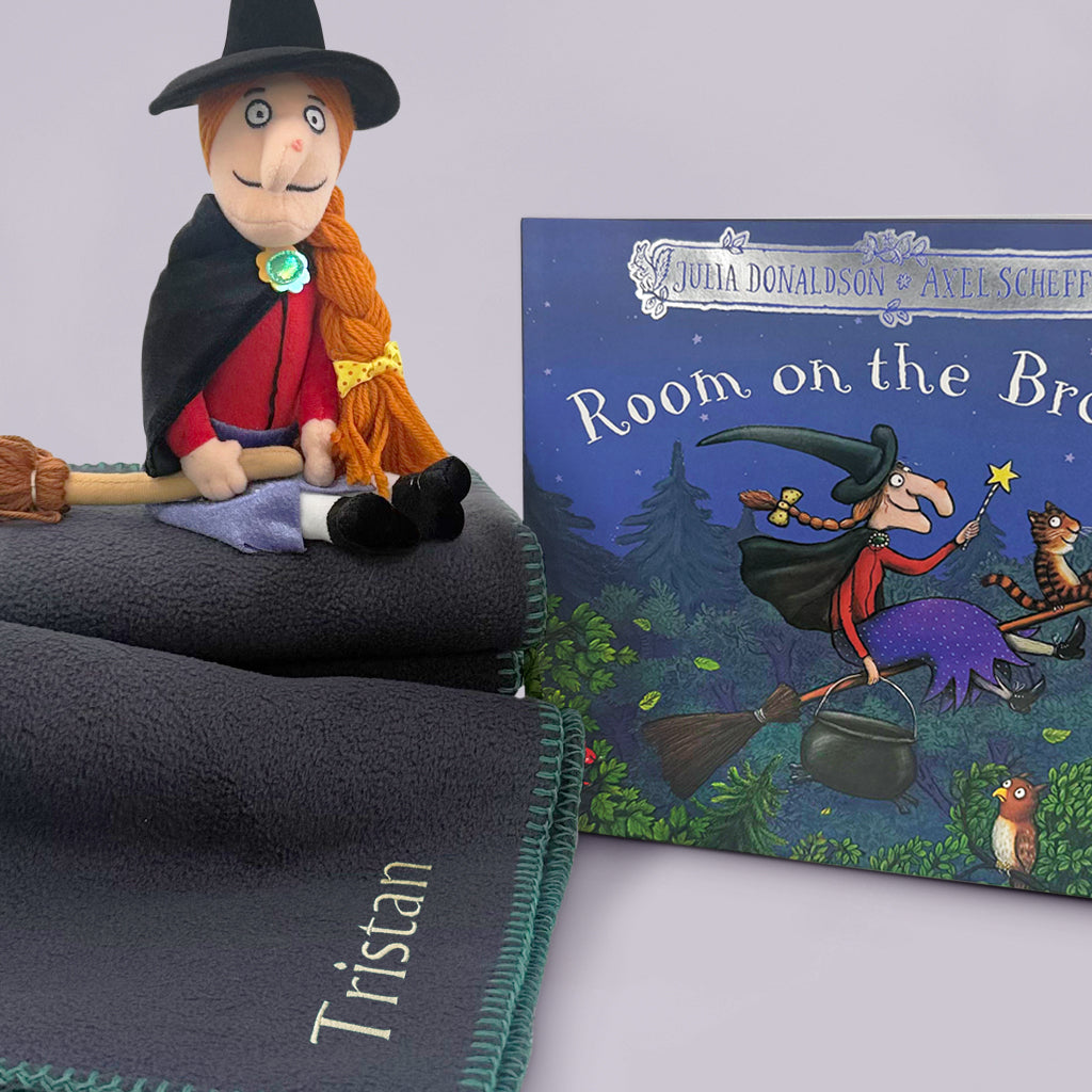Personalised Room on the Broom Toddler Gift Set with Fleece Blanket, Book and Soft Toy