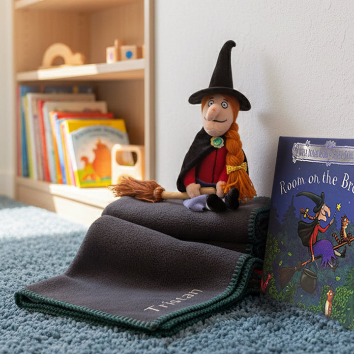 Personalised Room on the Broom Toddler Gift Set with Fleece Blanket, Book and Soft Toy