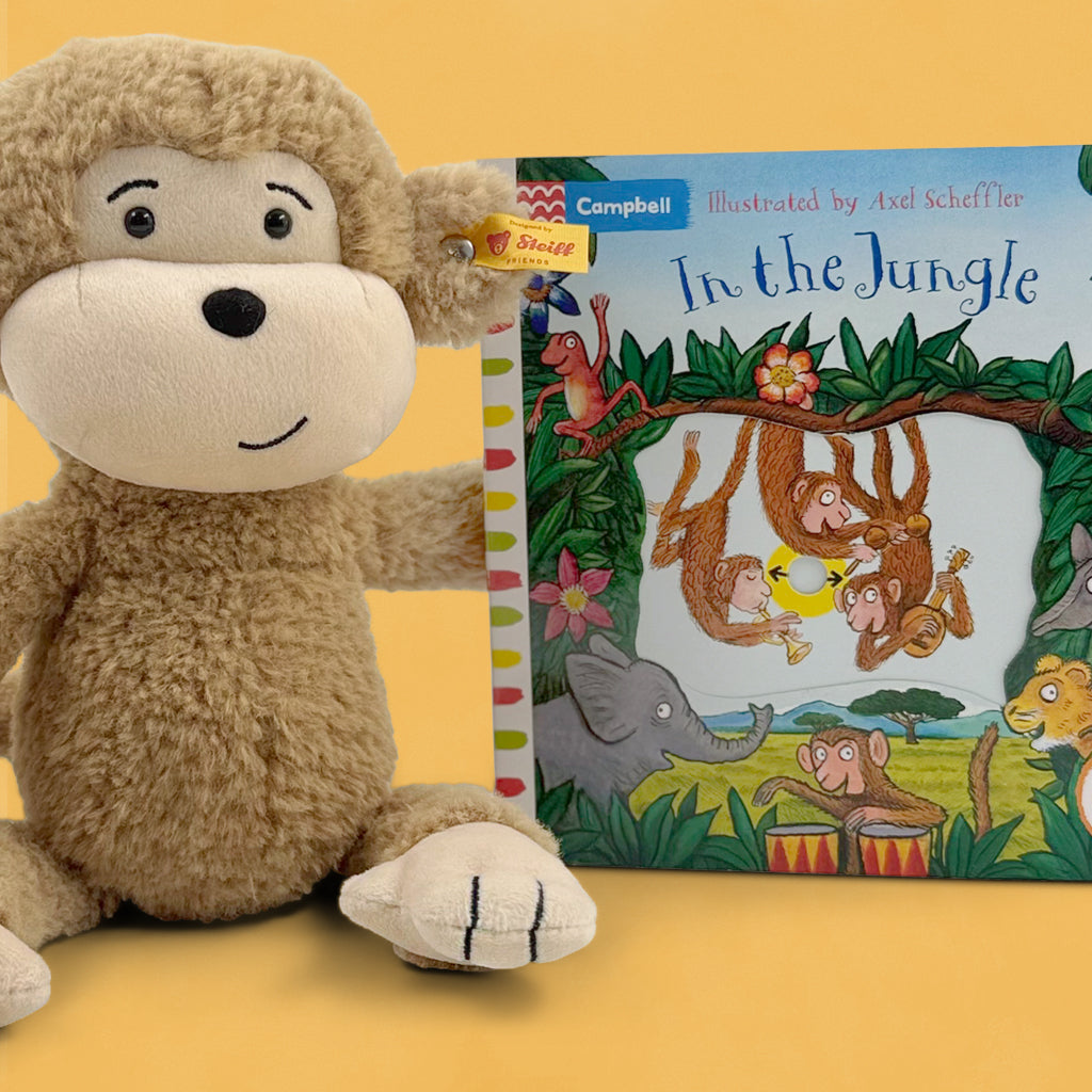 Steiff Brownie Monkey Soft Toy with In The Jungle Board Book