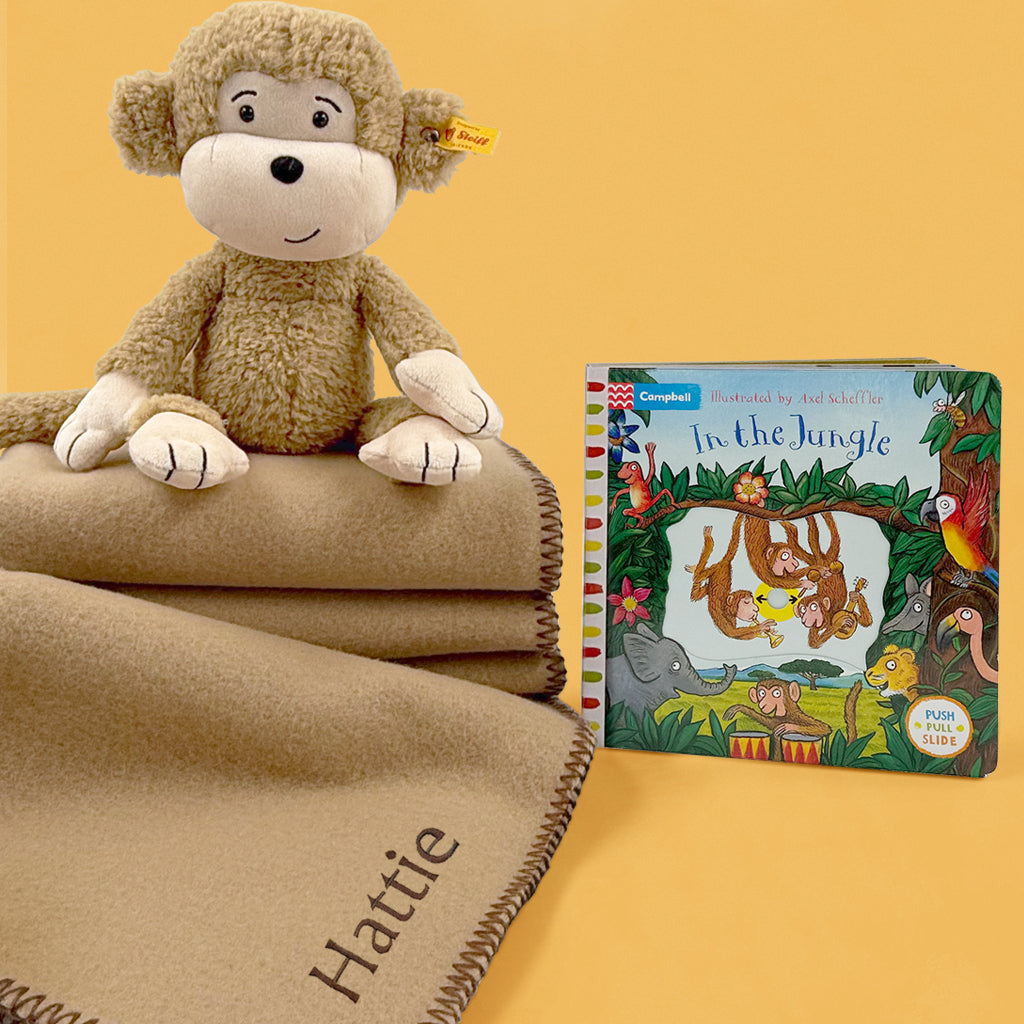 Steiff Brownie Monkey with In The Jungle Board Book and Personalised Fleece Blanket 