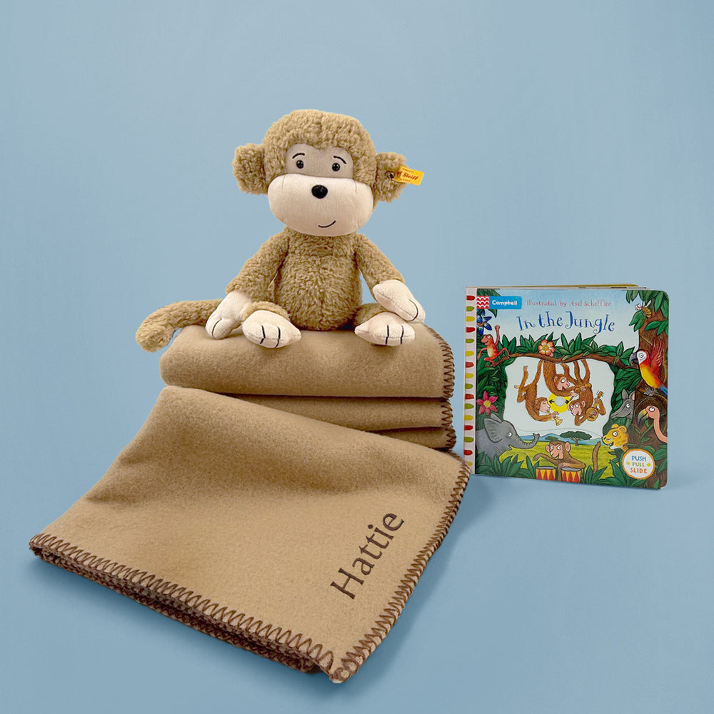 Steiff Brownie Monkey with In The Jungle Board Book and Personalised Fleece Blanket 