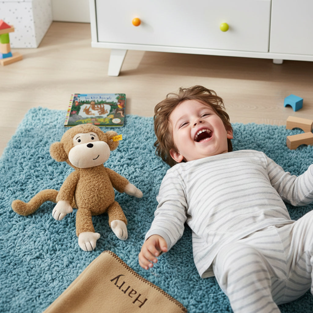 Steiff Brownie Monkey with In The Jungle Board Book and Personalised Fleece Blanket 