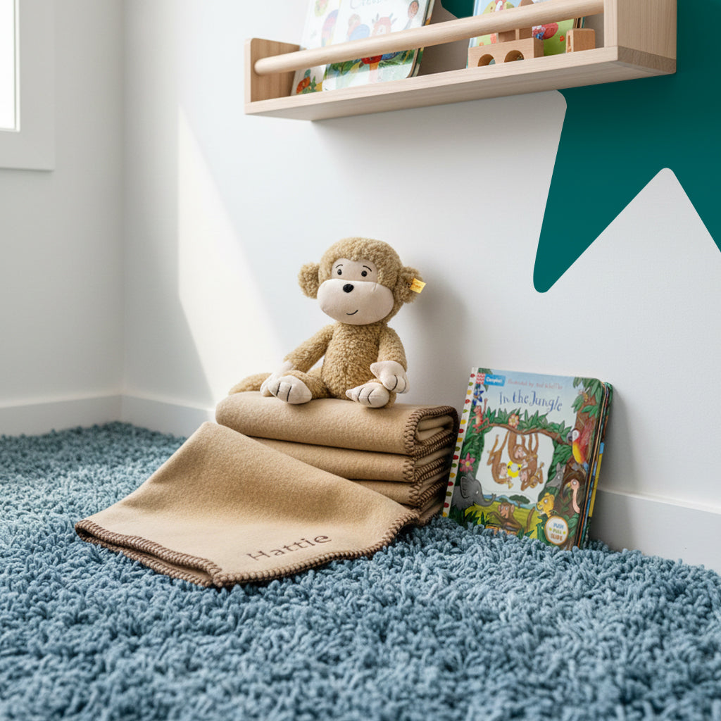 Steiff Brownie Monkey with In The Jungle Board Book and Personalised Fleece Blanket 