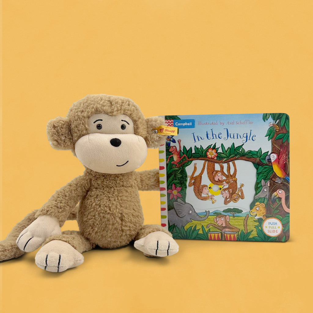 Steiff Brownie Monkey Soft Toy with In The Jungle Board Book