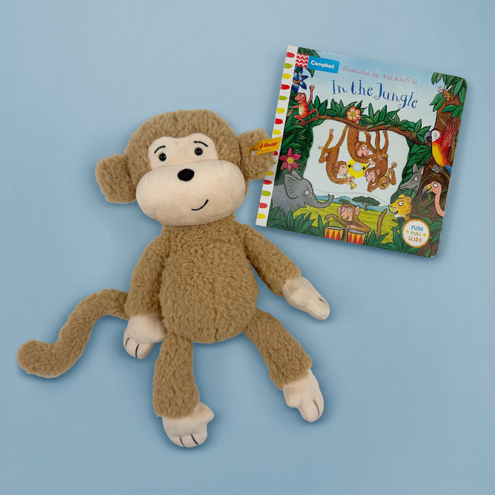 Steiff Brownie Monkey Soft Toy with In The Jungle Board Book