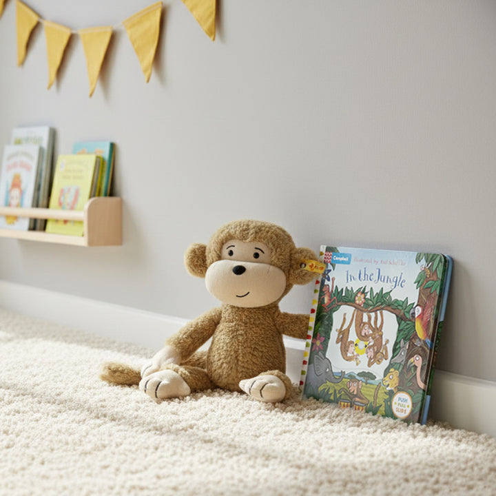 Steiff Brownie Monkey Soft Toy with In The Jungle Board Book