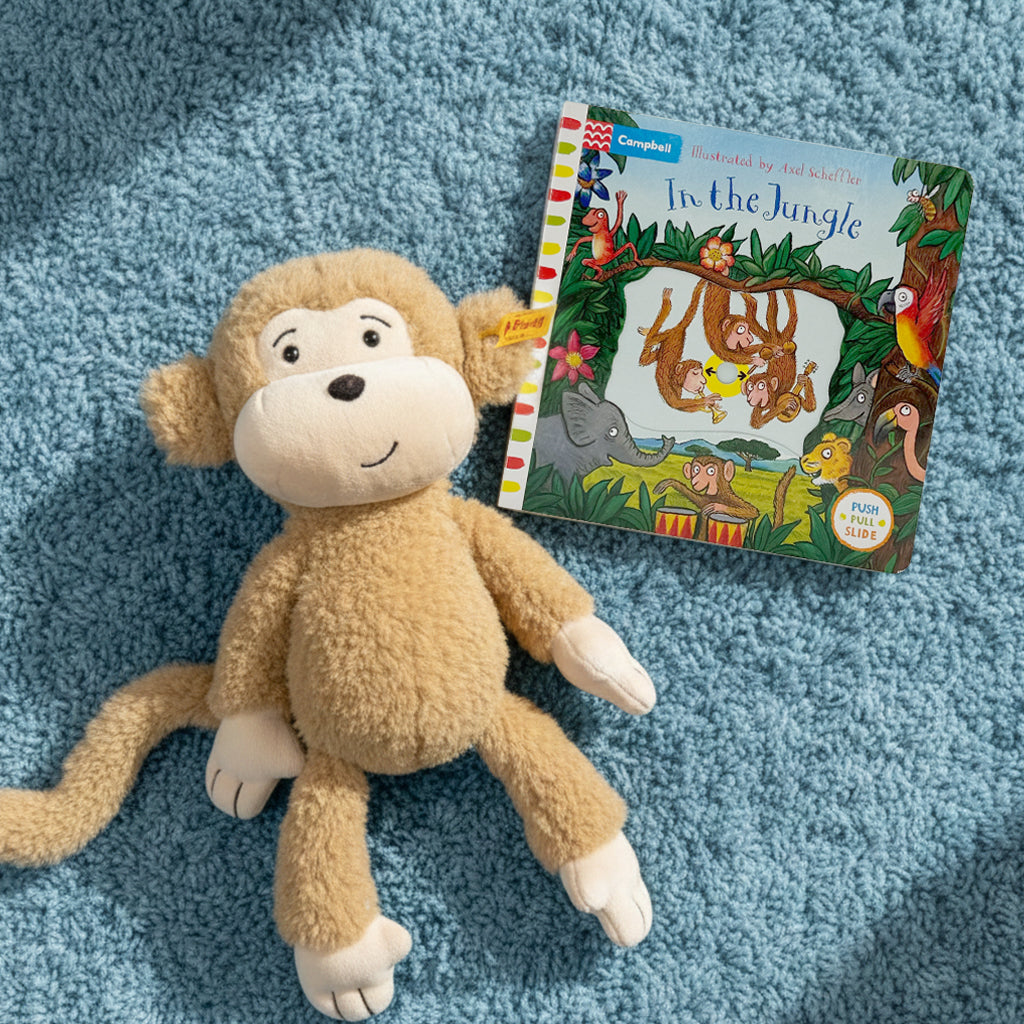 Steiff Brownie Monkey Soft Toy with In The Jungle Board Book