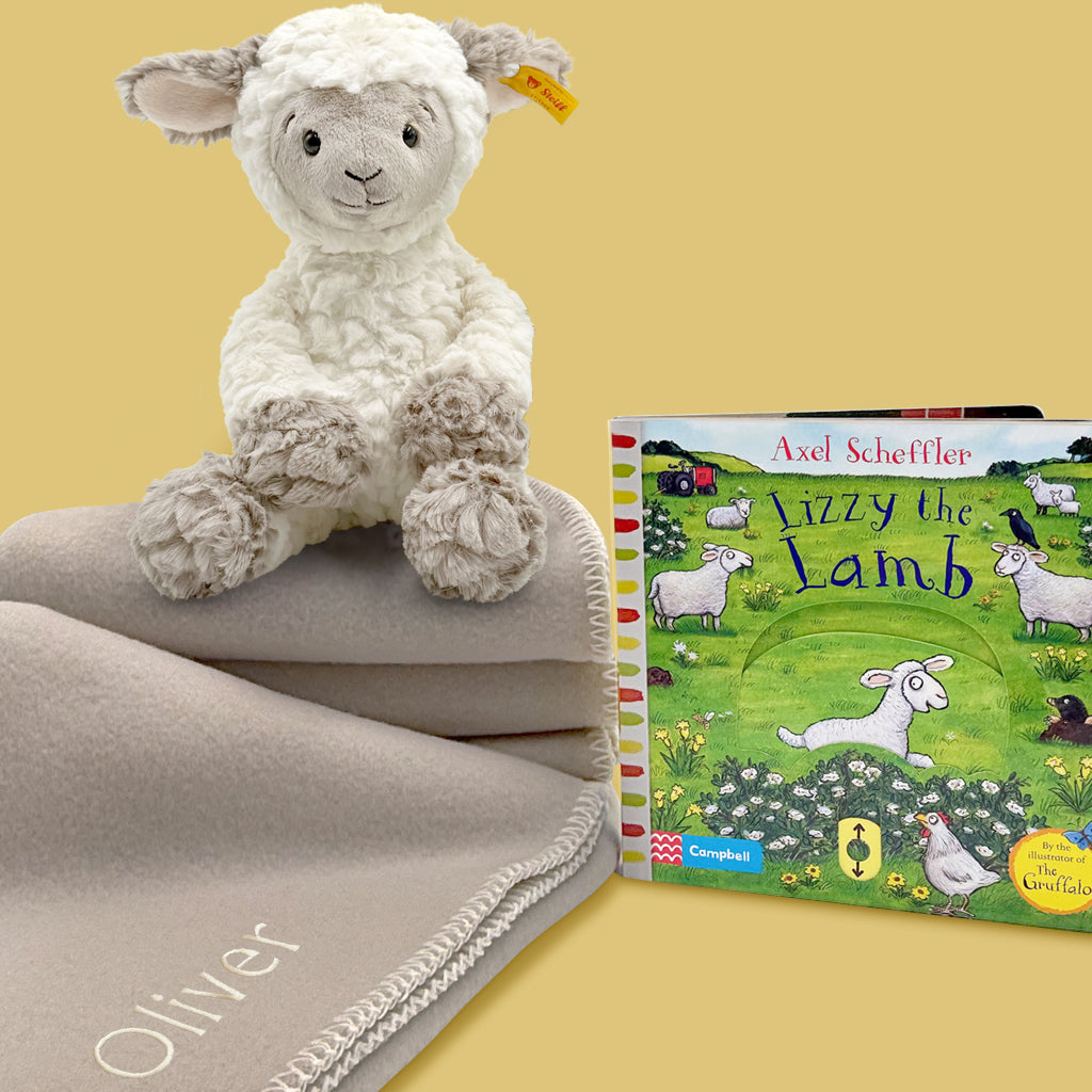 Steiff Lita Lamb with Lizzy the Lamb Book and Personalised Fleece Blanket 