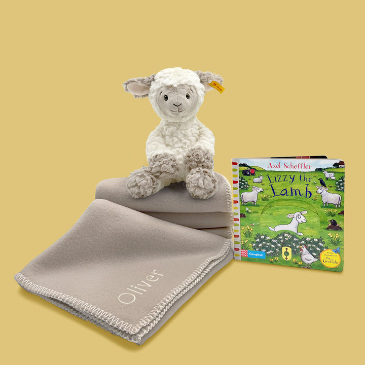 Steiff Lita Lamb with Lizzy the Lamb Book and Personalised Fleece Blanket 