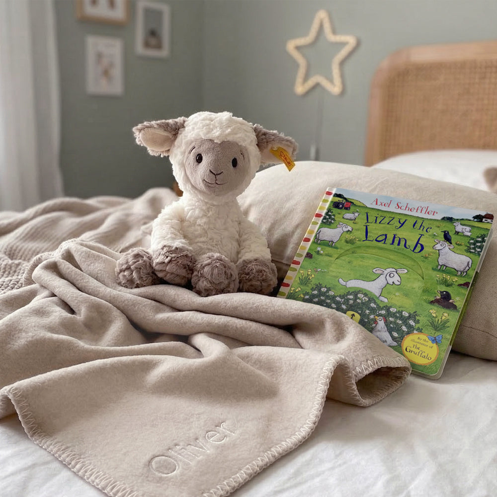 Steiff Lita Lamb with Lizzy the Lamb Book and Personalised Fleece Blanket 