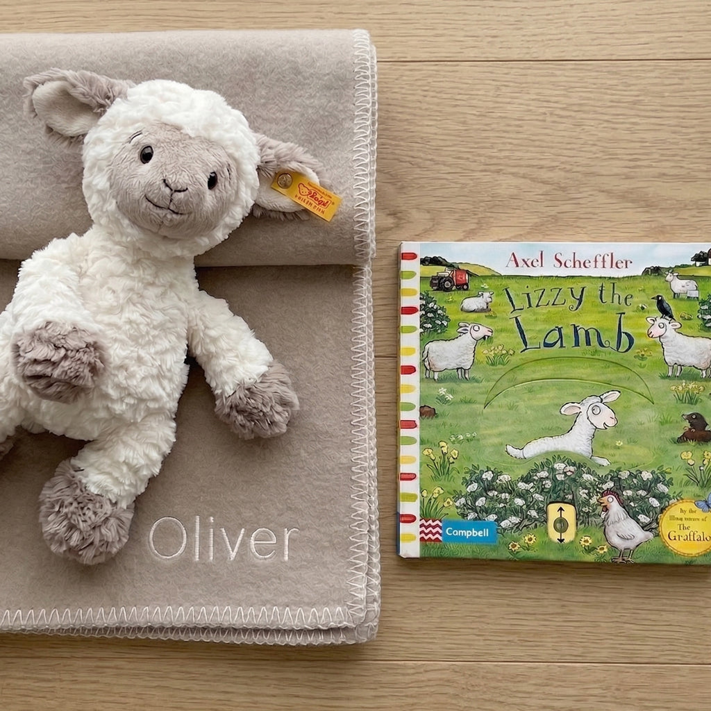 Steiff Lita Lamb with Lizzy the Lamb Book and Personalised Fleece Blanket 