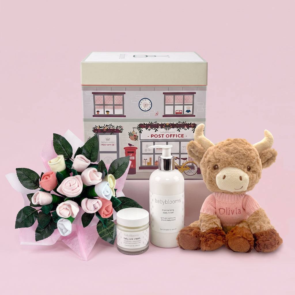 Personalised Harriet Highland Cow Welcome Baby Hamper, Pink