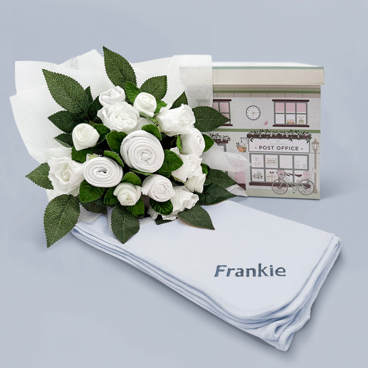 Hand Tied Baby Clothes Bouquet With Personalised Snuggle Wrap, Blue