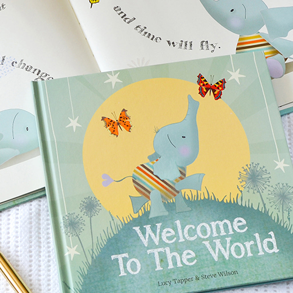 Welcome To The World Book with Personalised Baby Elephant Soft Toy