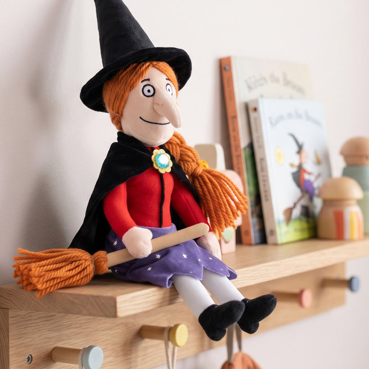 Witch with Broom Soft Toy and Room on the Broom Storybook with Personalised Fleece Blanket