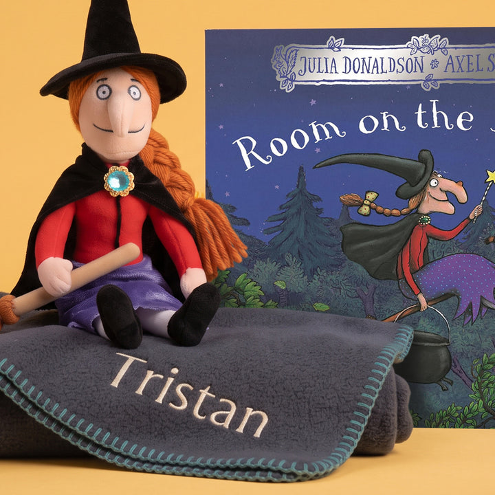 Witch with Broom Soft Toy and Room on the Broom Storybook with Personalised Fleece Blanket