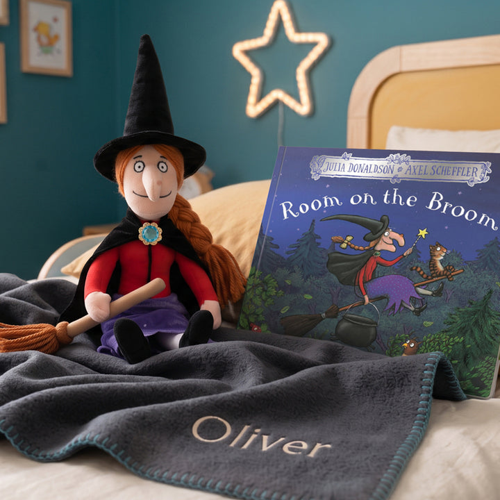 Witch with Broom Soft Toy and Room on the Broom Storybook with Personalised Fleece Blanket