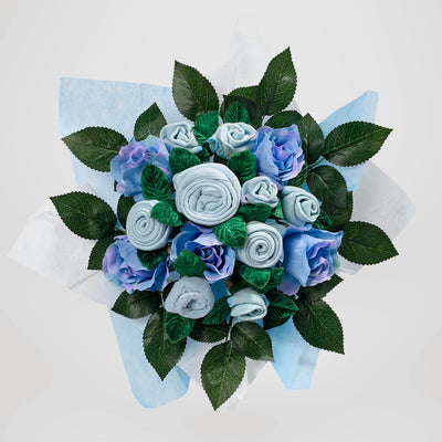 Hand Tied Baby Clothes Bouquet With Personalised Snuggle Wrap, Blue
