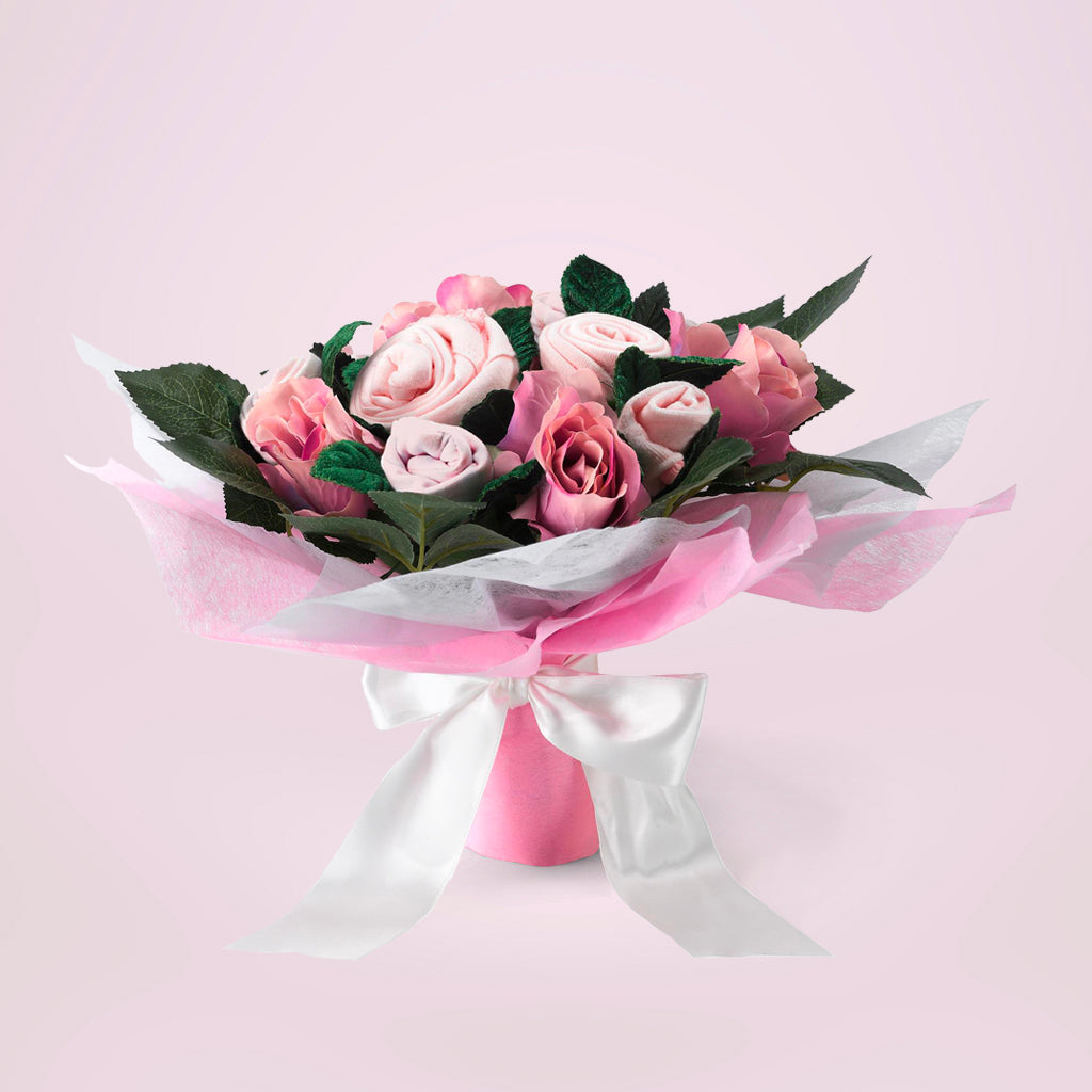 Hand Tied Baby Clothes Bouquet with Personalised Snuggle Wrap, Pink