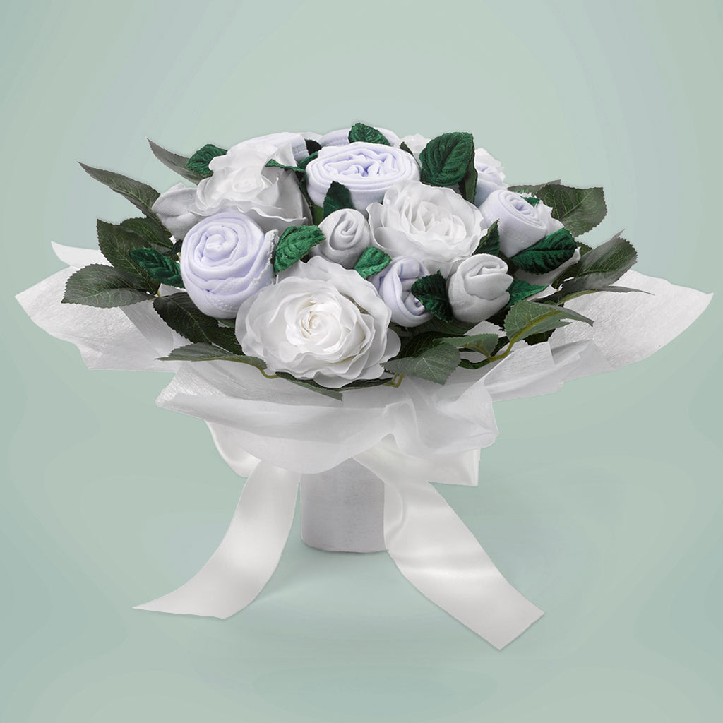 Luxury Rose Baby Clothes Bouquet and Personalised Baby Towel - White