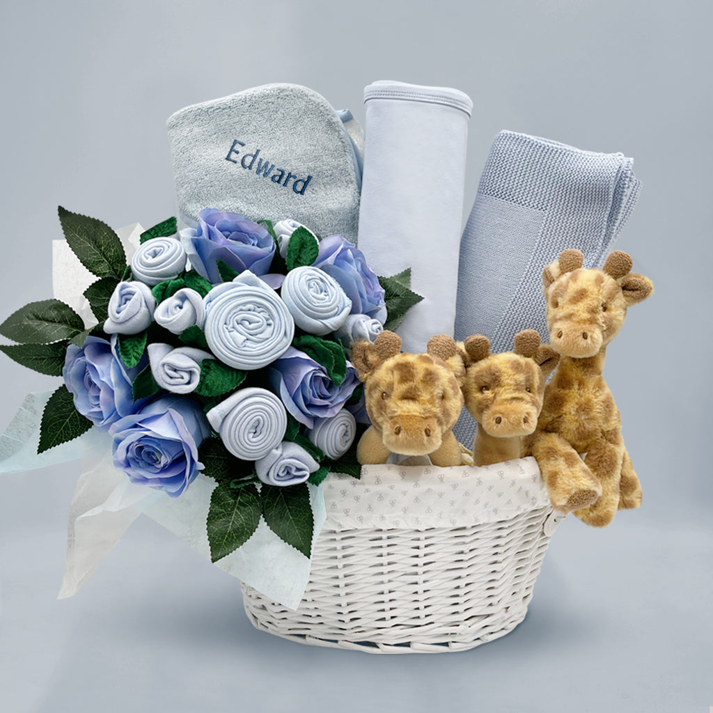 Luxury Baby Boy Hamper Personalised With Three Little Giraffes Blue