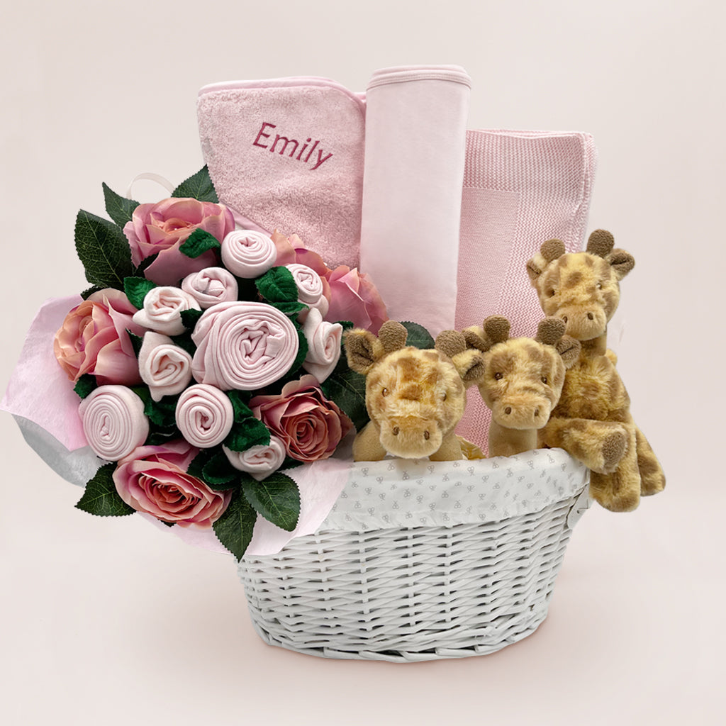 Luxury Baby Boy Hamper Personalised With Three Little Giraffes Pink