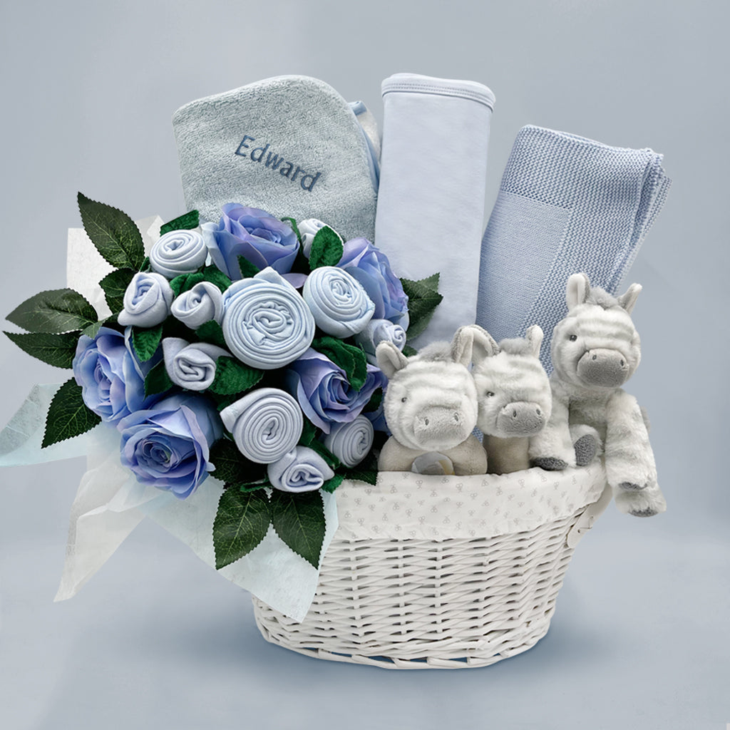 Luxury Baby Boy Hamper Personalised With Three Little Zebras Blue