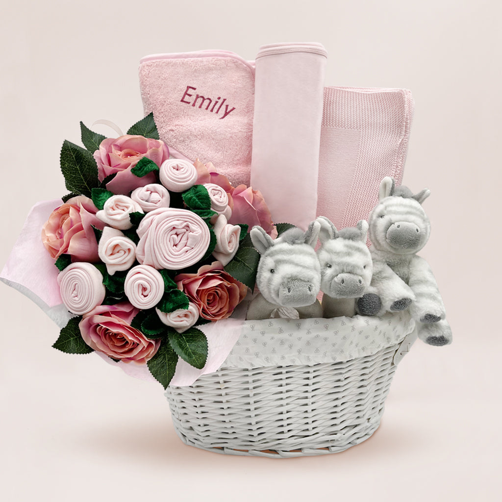 Luxury Baby Boy Hamper Personalised With Three Little Zebras Pink