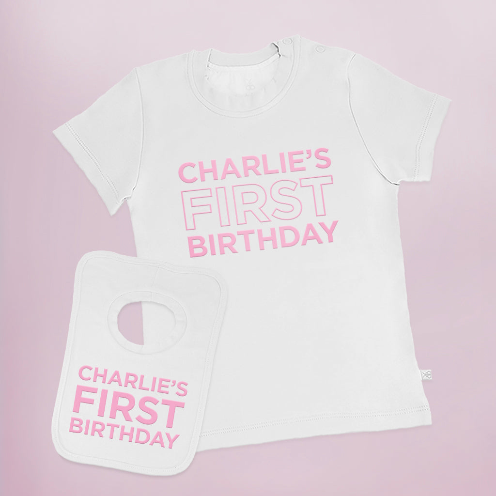 My First Birthday Short-Sleeved T-Shirt and Bib Set – Personalised