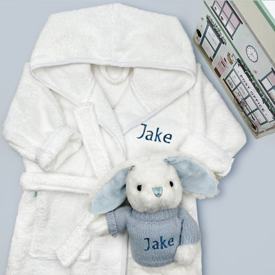 Little Bunny and Bathrobe Hamper, Blue - 0-12 Months with White Personalised Bathrobe